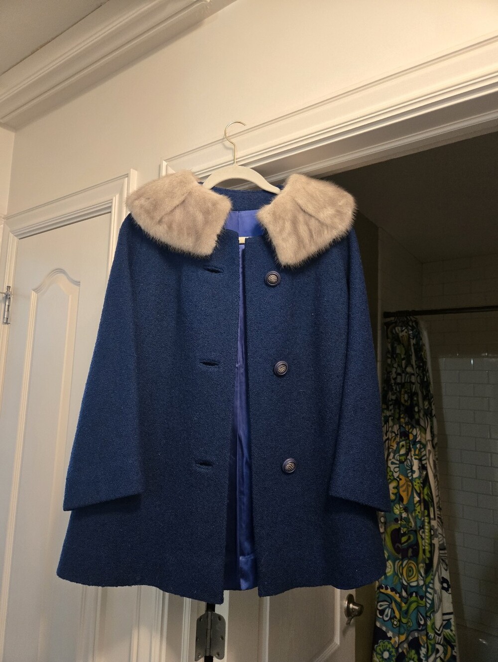 Vintage Shagmoor Mink Collar Pea Coat - Navy Blue